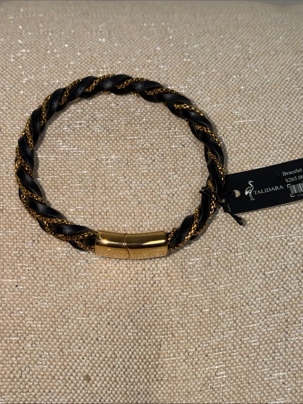 Black Leather Bracelet with Gold Chain Accent